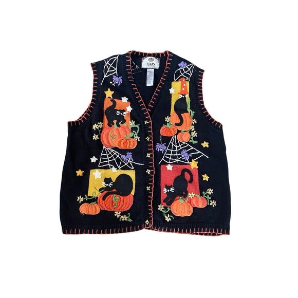 Tiara International Halloween Vest – Black Cats, Pumpkins & Cobwebs – Size Large - Picture 1 of 7
